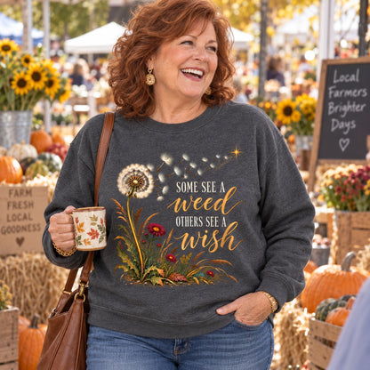 Some See A Weed sweatshirt in Dark Heather, worn by Terri. Terri is 5′6″ and wears her usual size 2XL. [bb c=dark-heather r=body2]