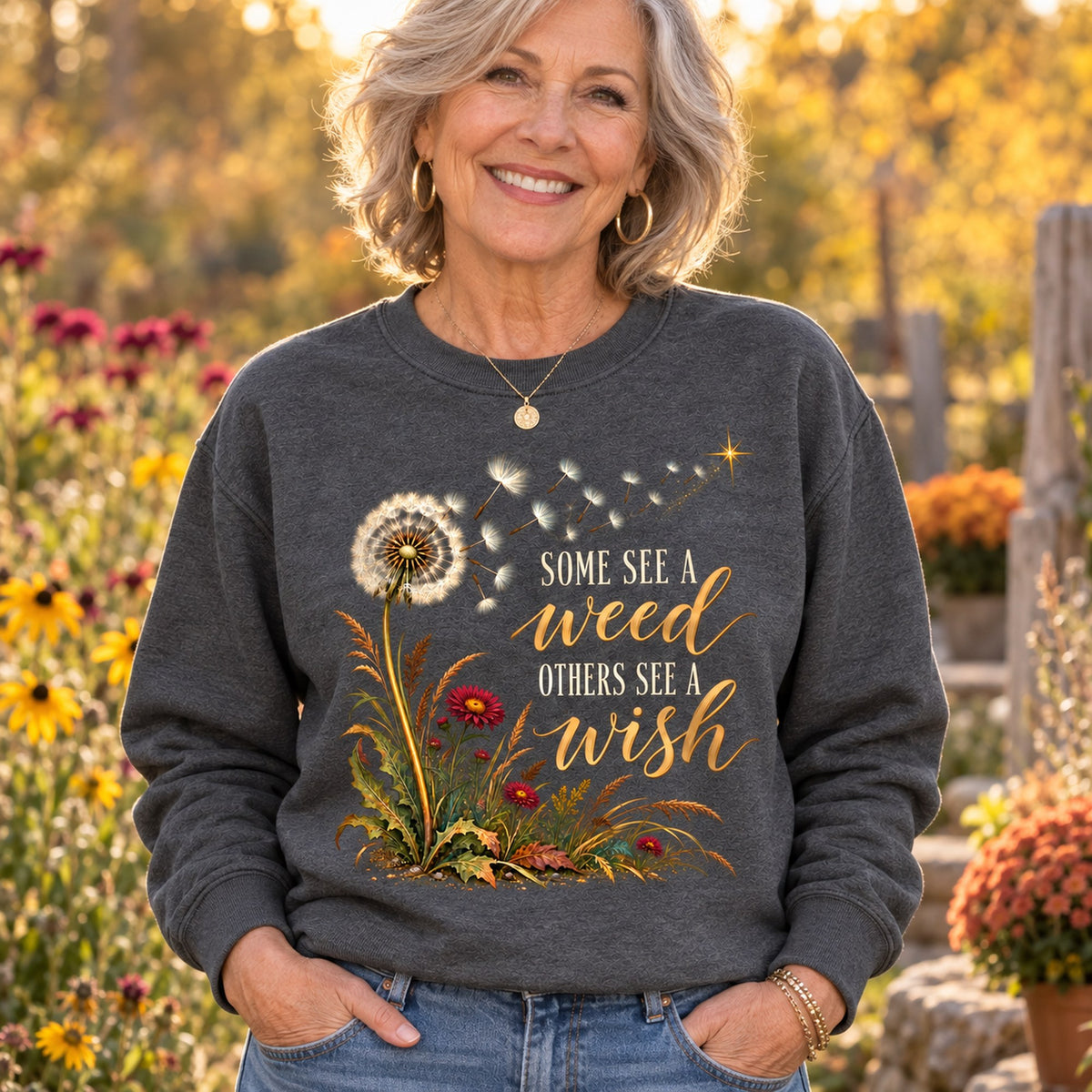 Some See A Weed sweatshirt in Dark Heather, close-up of the print, worn by Joan. Joan is 5′4″ and wears her usual size L. [bb c=dark-heather r=close]