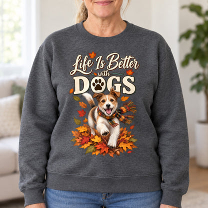 Life Is Better With Dogs sweatshirt in Dark Heather, close-up of the print, worn by Lori. Lori is 5′6″ and wears her usual size L. [bb c=dark-heather r=close]