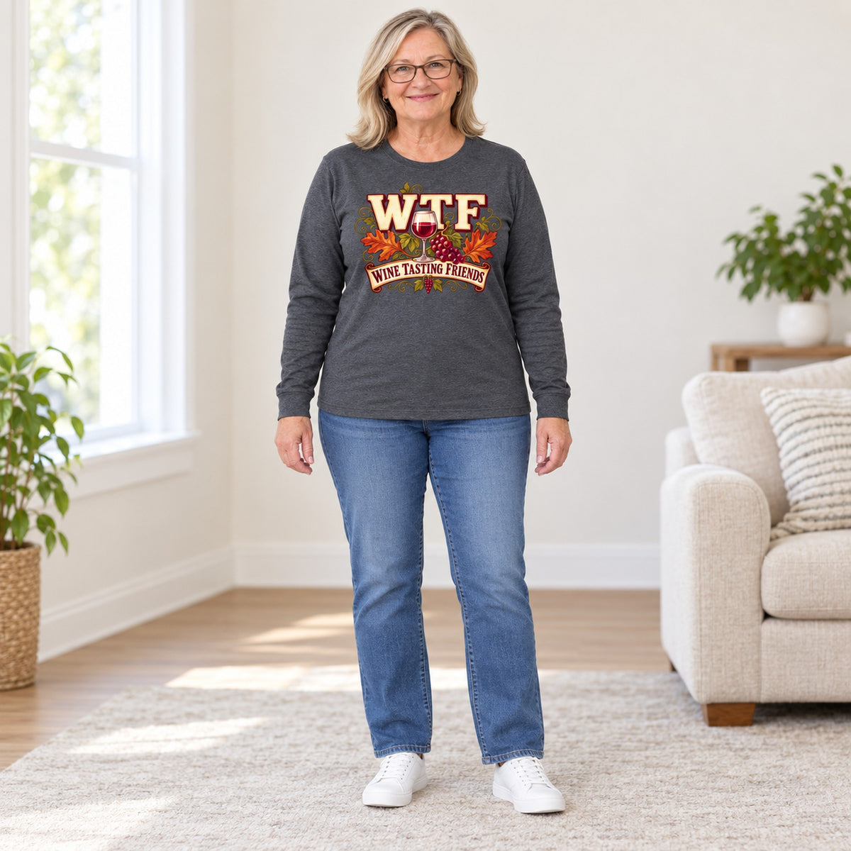 WTF Wine Tasting Friends long sleeve in Dark Heather, full length, worn by Patty. Patty is 5′5″ and wears her usual size XL. [bb c=dark-heather r=fit]