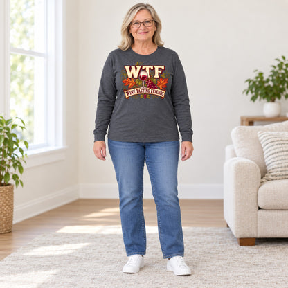 WTF Wine Tasting Friends long sleeve in Dark Heather, full length, worn by Patty. Patty is 5′5″ and wears her usual size XL. [bb c=dark-heather r=fit]