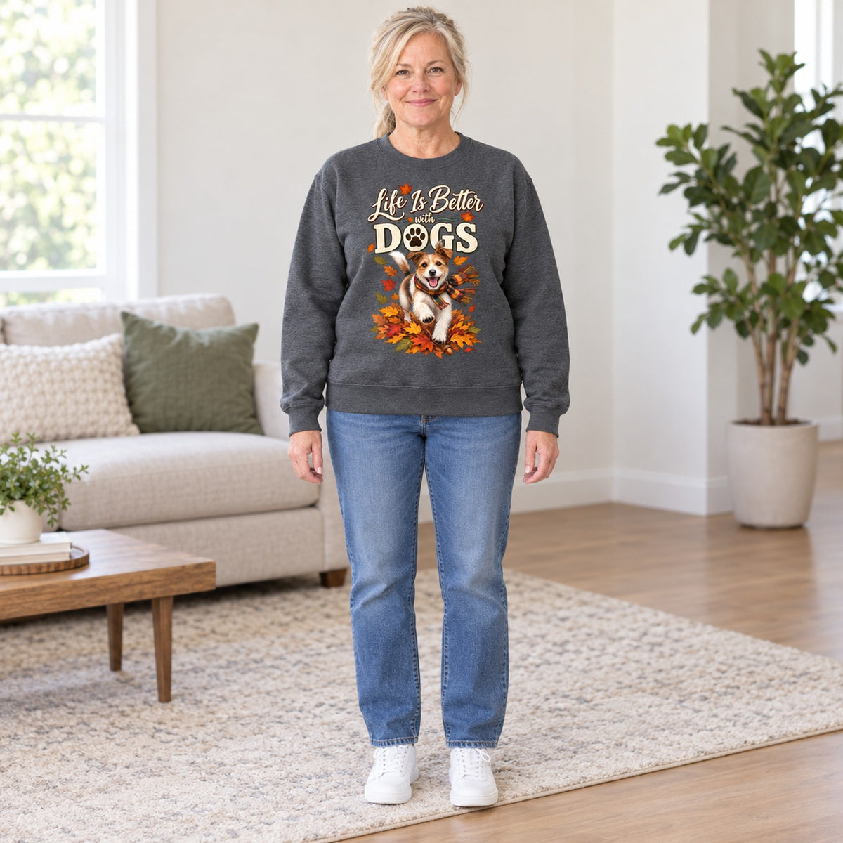 Life Is Better With Dogs sweatshirt in Dark Heather, full length, worn by Lori. Lori is 5′6″ and wears her usual size L. [bb c=dark-heather r=fit]