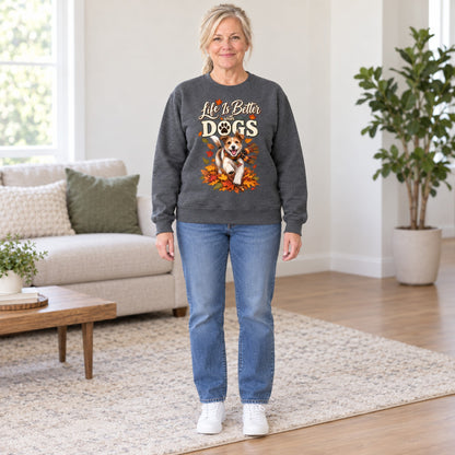 Life Is Better With Dogs sweatshirt in Dark Heather, full length, worn by Lori. Lori is 5′6″ and wears her usual size L. [bb c=dark-heather r=fit]