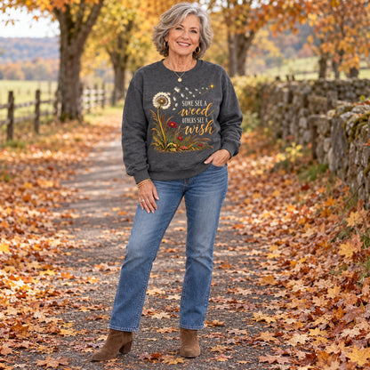 Some See A Weed sweatshirt in Dark Heather, full length, worn by Joan. Joan is 5′4″ and wears her usual size L. [bb c=dark-heather r=fit]