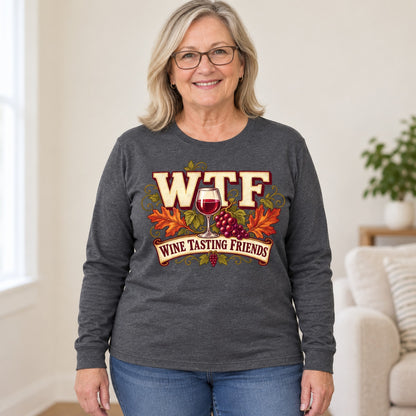 WTF Wine Tasting Friends long sleeve in Dark Heather, worn by Patty. Patty is 5′5″ and wears her usual size XL. [bb c=dark-heather r=hero]