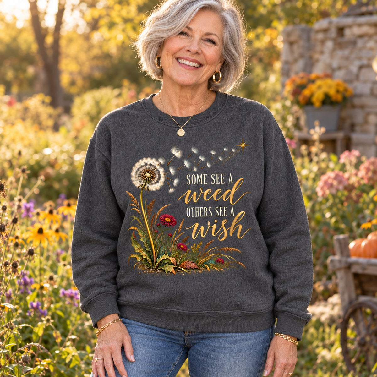 Some See A Weed sweatshirt in Dark Heather, worn by Joan. Joan is 5′4″ and wears her usual size L. [bb c=dark-heather r=hero]