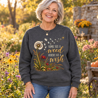 Some See A Weed sweatshirt in Dark Heather, worn by Joan. Joan is 5′4″ and wears her usual size L. [bb c=dark-heather r=hero]
