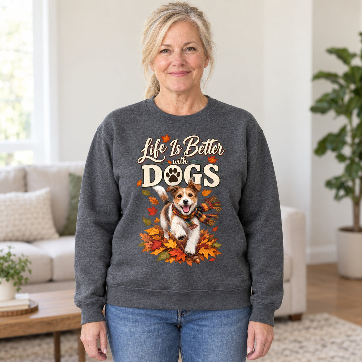 Life Is Better With Dogs sweatshirt in Dark Heather, worn by Lori. Lori is 5′6″ and wears her usual size L. [bb c=dark-heather r=hero]