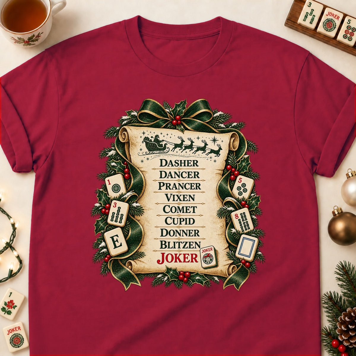Reindeer Roll Call mahjong T-shirt in Cardinal Red, laid flat. [bb c=cardinal-red r=flat]