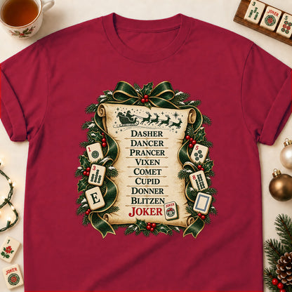 Reindeer Roll Call mahjong T-shirt in Cardinal Red, laid flat. [bb c=cardinal-red r=flat]