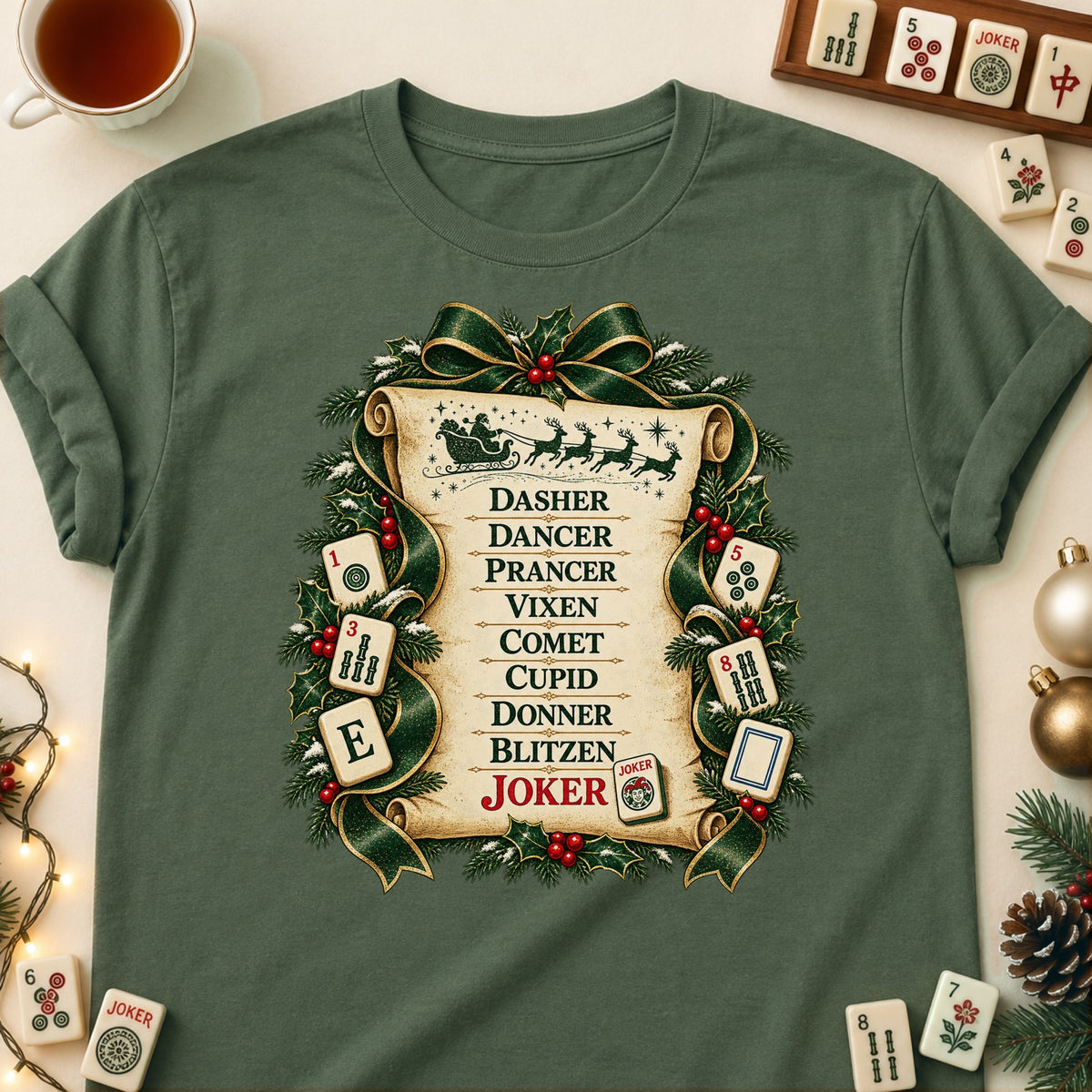Reindeer Roll Call mahjong T-shirt in Military Green, laid flat. [bb c=military-green r=flat]