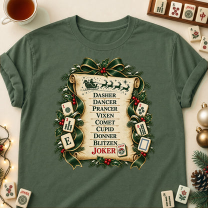 Reindeer Roll Call mahjong T-shirt in Military Green, laid flat. [bb c=military-green r=flat]