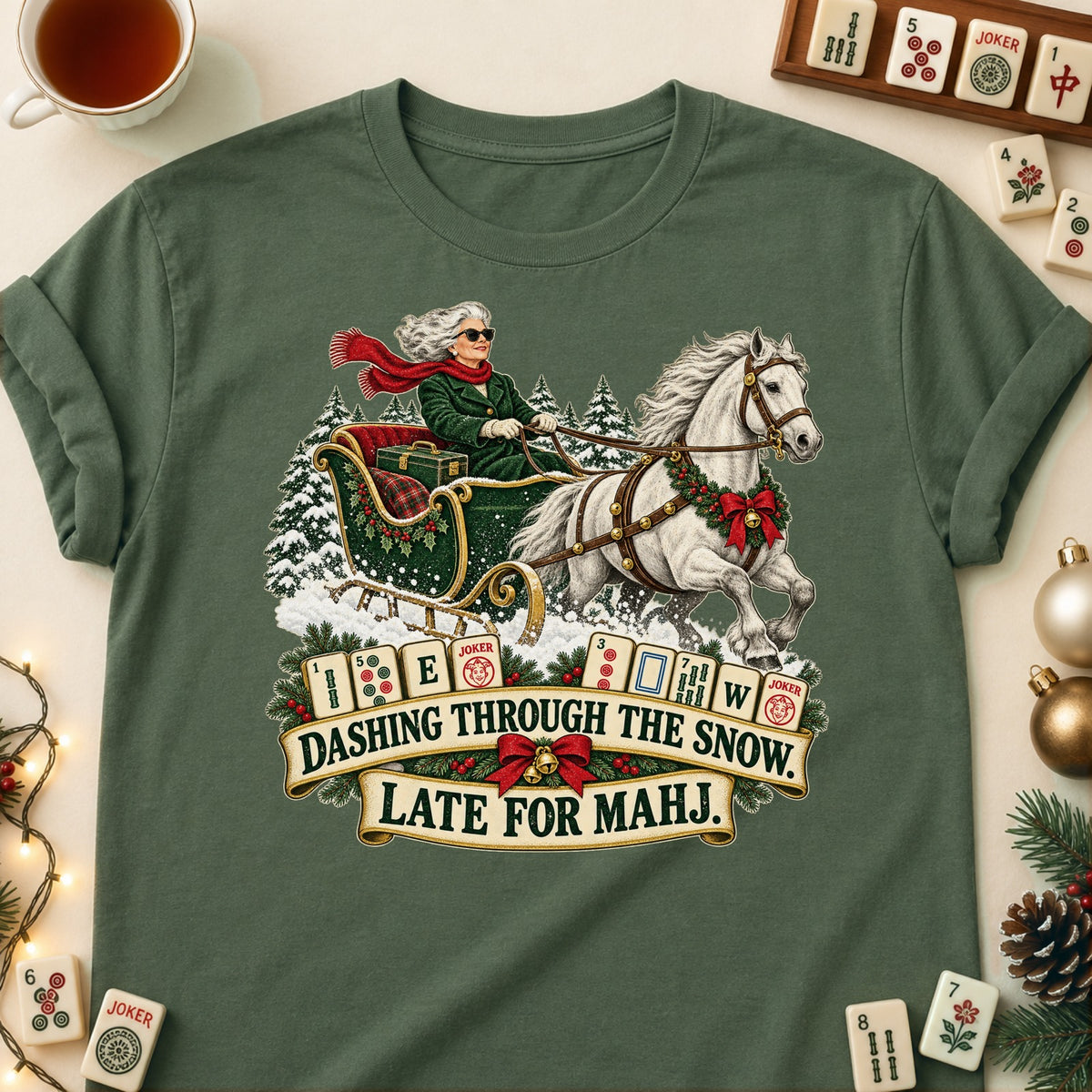 Late For Mahj mahjong T-shirt in Military Green, laid flat. [bb c=military-green r=flat]