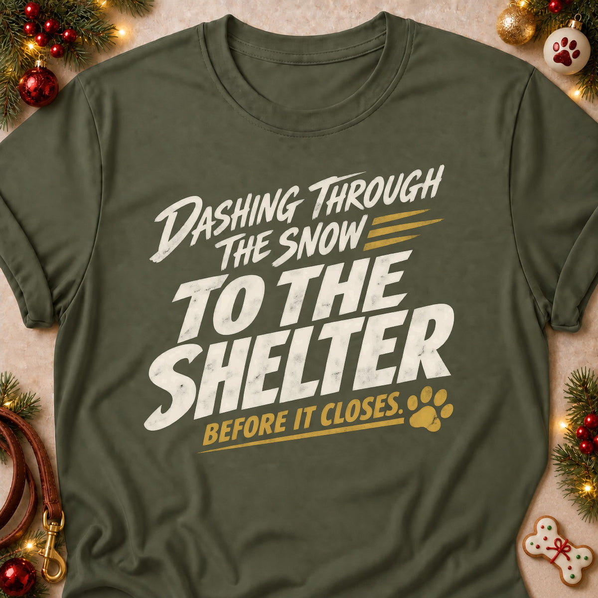 Before It Closes dog mom T-shirt in Military Green, laid flat. [bb c=military-green r=flat]