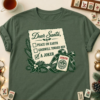 Dear Santa mahjong T-shirt in Military Green, laid flat. [bb c=military-green r=flat]