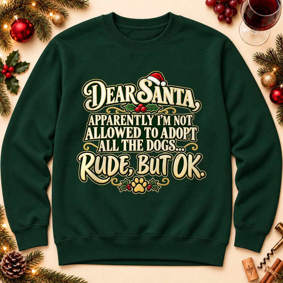 Dear Santa dog mom sweatshirt in Forest Green, laid flat. [bb c=forest-green r=flat]
