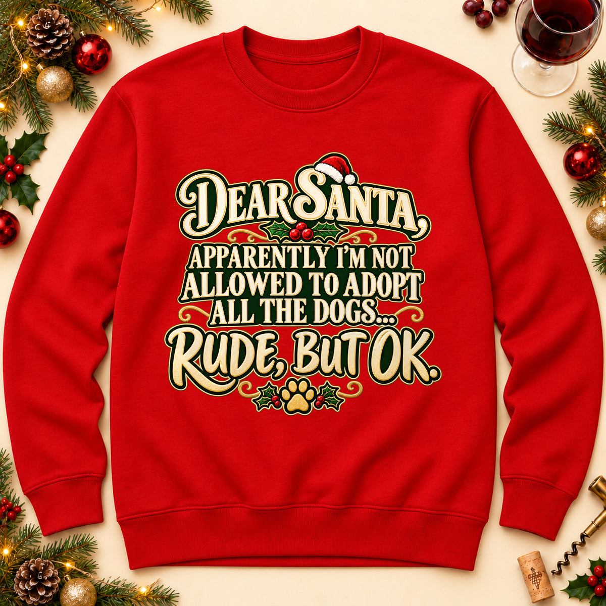 Dear Santa dog mom sweatshirt in Red, laid flat. [bb c=red r=flat]