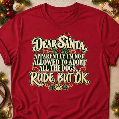 Rude, But OK dog mom T-shirt in Cardinal Red, laid flat. [bb c=cardinal-red r=flat]
