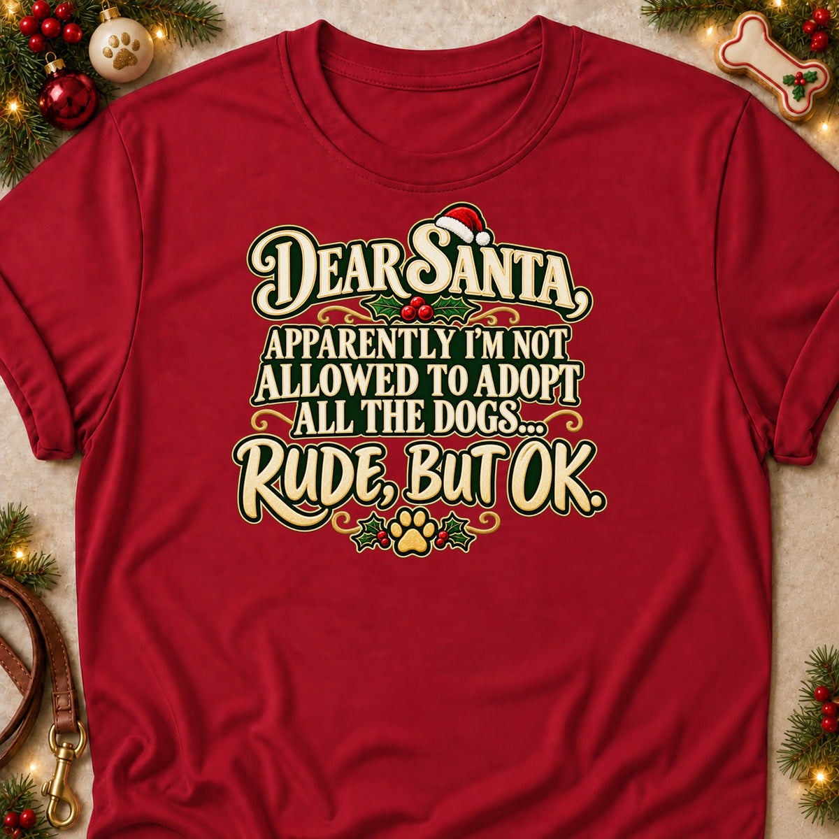 Rude, But OK dog mom T-shirt in Cardinal Red, laid flat. [bb c=cardinal-red r=flat]