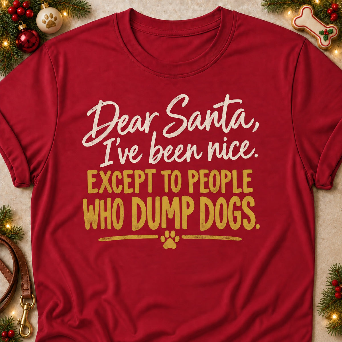 Except To People Who Dump Dogs dog mom T-shirt in Cardinal Red, laid flat. [bb c=cardinal-red r=flat]