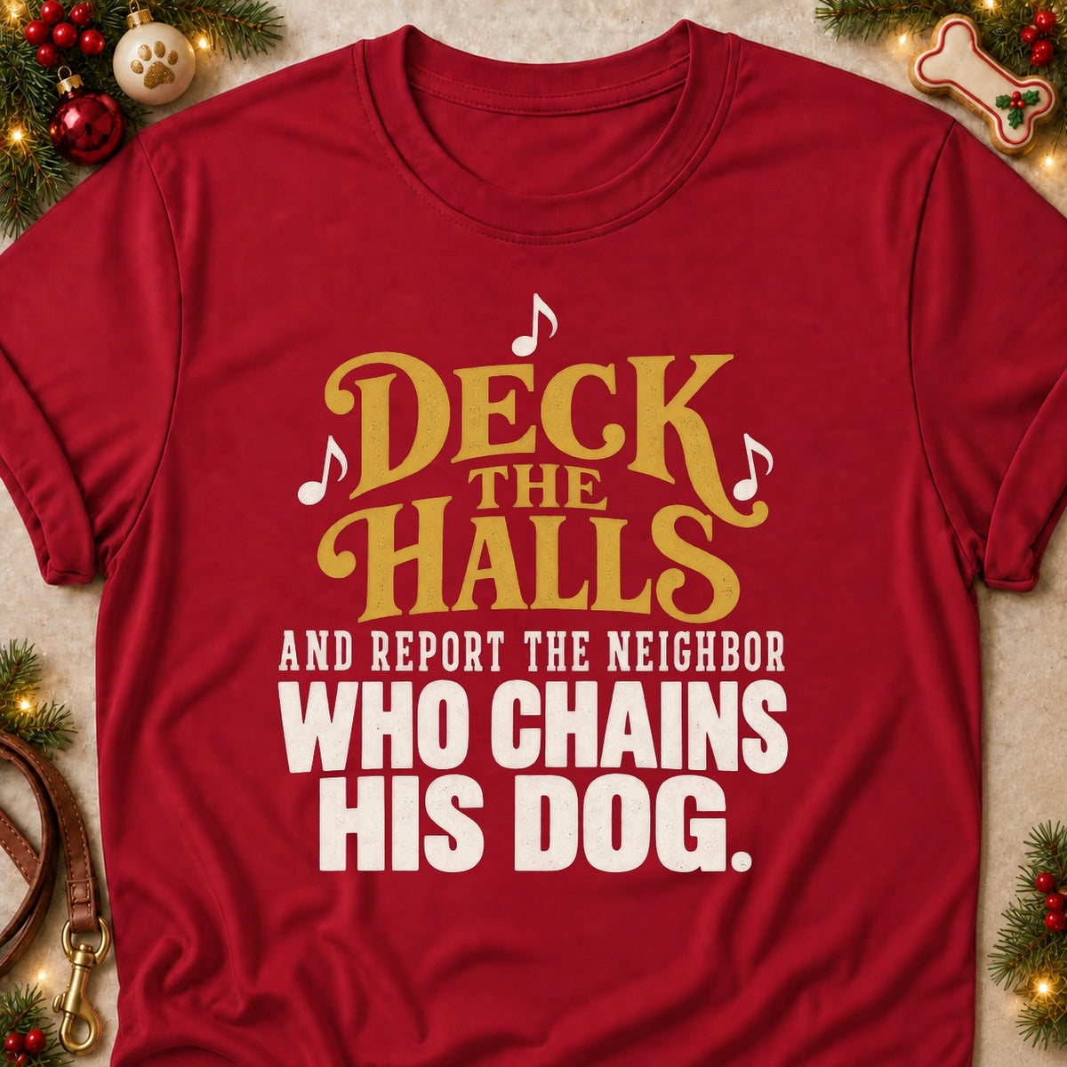 Report The Neighbor dog mom T-shirt in Cardinal Red, laid flat. [bb c=cardinal-red r=flat]