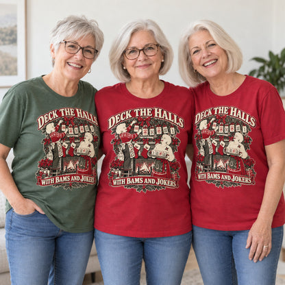 Deck The Halls With Bams And Jokers mahjong T-shirt worn by three friends. Friends are wearing M, L and XL. [bb c=all r=friends]