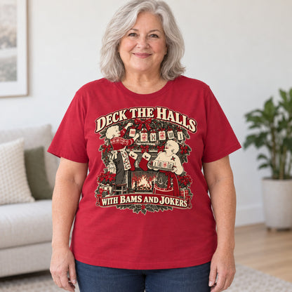 Deck The Halls With Bams And Jokers mahjong T-shirt in Cardinal Red, worn by Debra. Debra is 5′4″ and wears her usual size 2XL. [bb c=cardinal-red r=body2]