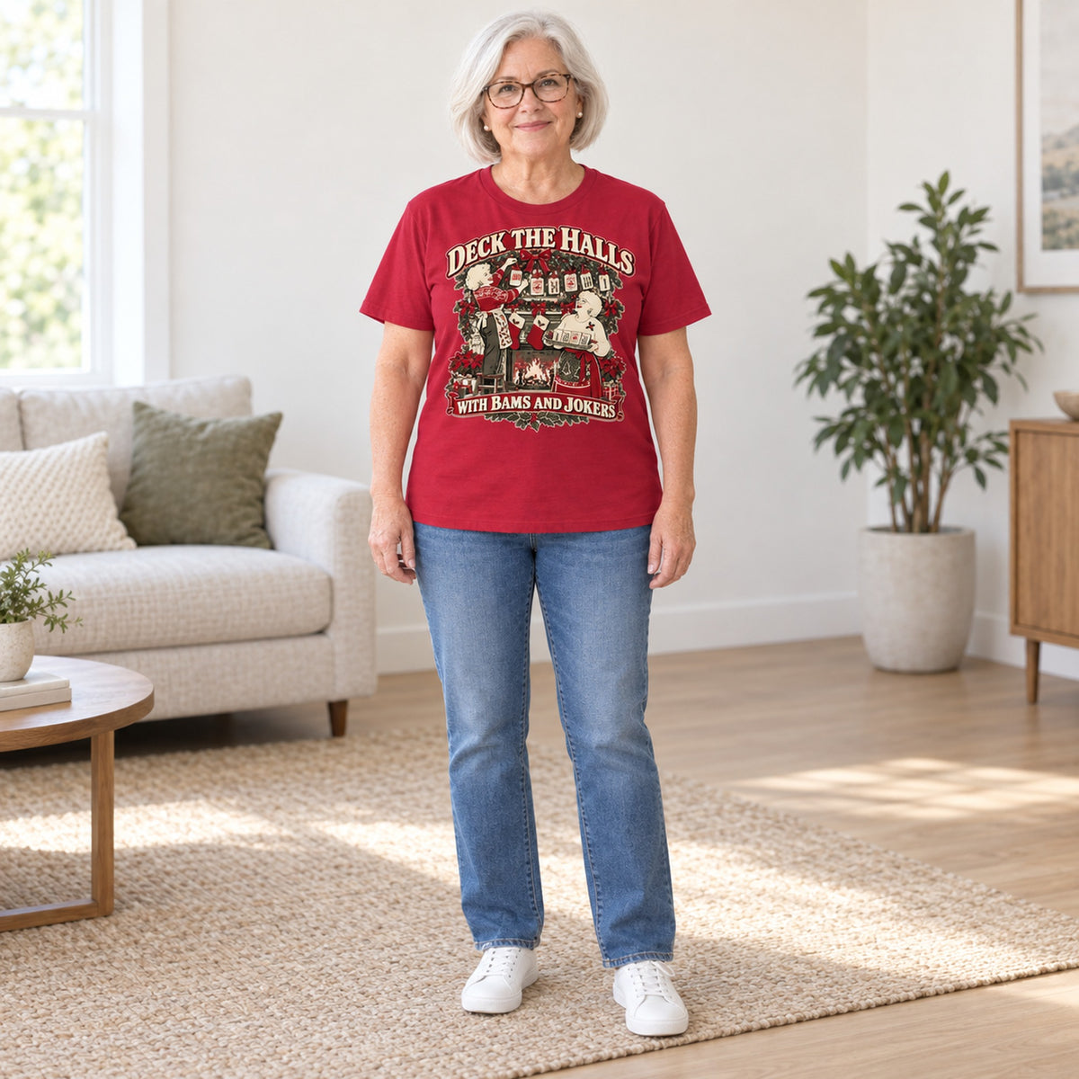 Deck The Halls With Bams And Jokers mahjong T-shirt in Cardinal Red, full length, worn by Joan. Joan is 5′5″ and wears her usual size L. [bb c=cardinal-red r=fit]