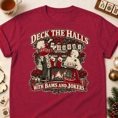 Deck The Halls With Bams And Jokers mahjong T-shirt in Cardinal Red, laid flat. [bb c=cardinal-red r=flat]