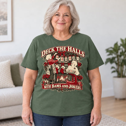 Deck The Halls With Bams And Jokers mahjong T-shirt in Military Green, worn by Debra. Debra is 5′4″ and wears her usual size 2XL. [bb c=military-green r=body2]