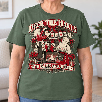 Deck The Halls With Bams And Jokers mahjong T-shirt in Military Green, close-up of the print, worn by Joan. Joan is 5′5″ and wears her usual size L. [bb c=military-green r=close]