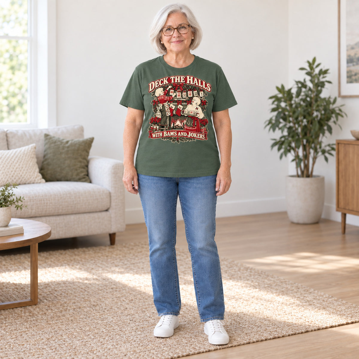 Deck The Halls With Bams And Jokers mahjong T-shirt in Military Green, full length, worn by Joan. Joan is 5′5″ and wears her usual size L. [bb c=military-green r=fit]