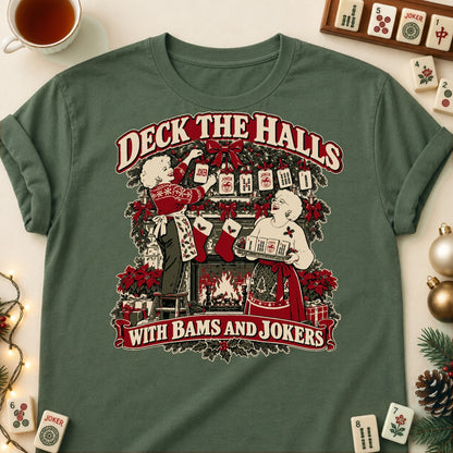 Deck The Halls With Bams And Jokers mahjong T-shirt in Military Green, laid flat. [bb c=military-green r=flat]