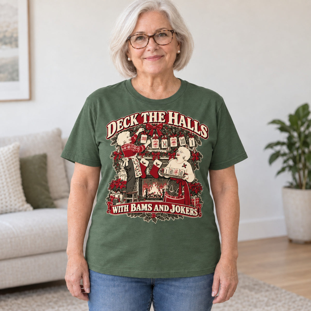 Deck The Halls With Bams And Jokers mahjong T-shirt in Military Green, worn by Joan. Joan is 5′5″ and wears her usual size L. [bb c=military-green r=hero]