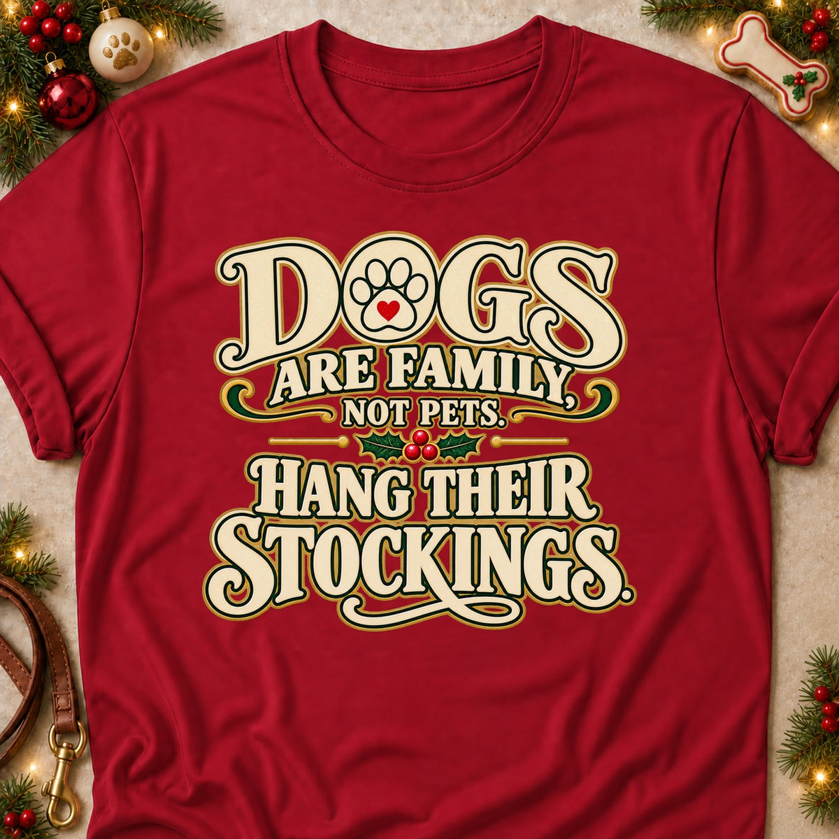 Dogs Are Family dog mom T-shirt in Cardinal Red, laid flat. [bb c=cardinal-red r=flat]