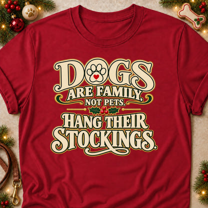 Dogs Are Family dog mom T-shirt in Cardinal Red, laid flat. [bb c=cardinal-red r=flat]