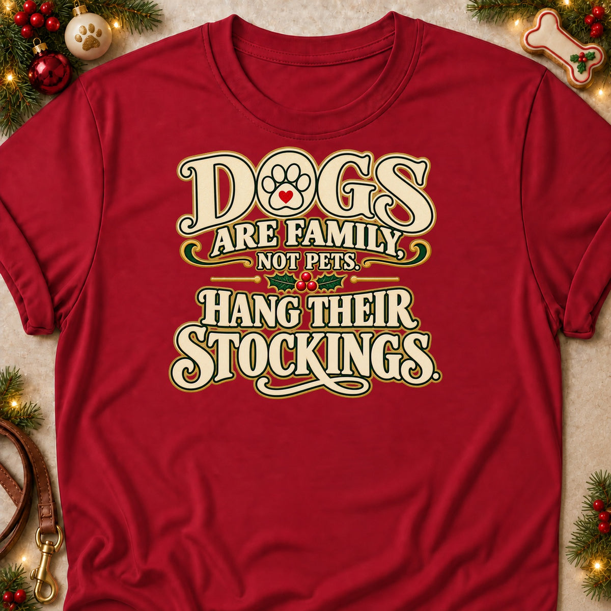 Dogs Are Family dog mom T-shirt in Cardinal Red, laid flat. [bb c=cardinal-red r=flat]