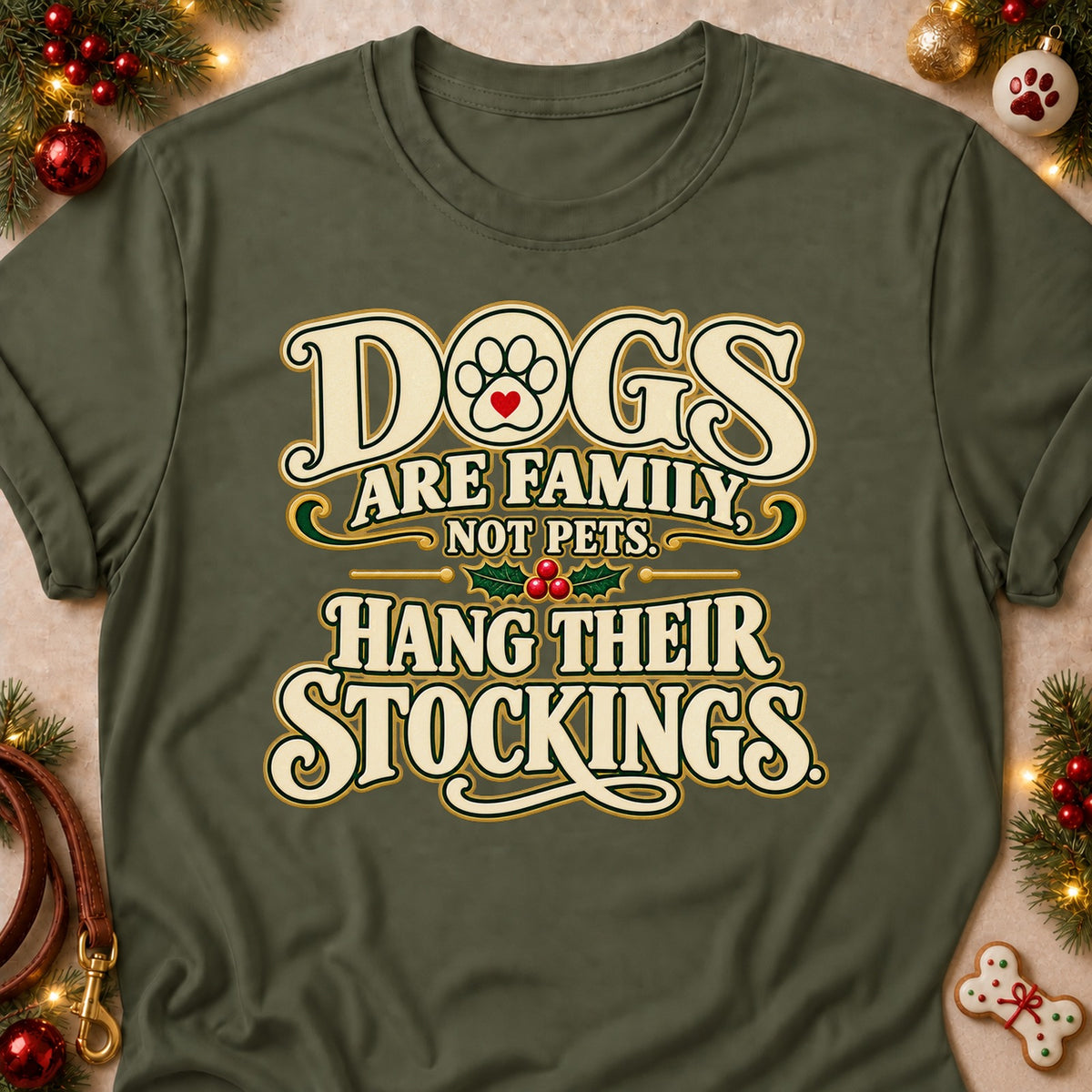 Dogs Are Family dog mom T-shirt in Military Green, laid flat. [bb c=military-green r=flat]