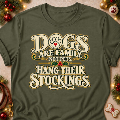 Dogs Are Family dog mom T-shirt in Military Green, laid flat. [bb c=military-green r=flat]