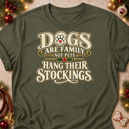 Dogs Are Family dog mom T-shirt in Military Green, laid flat. [bb c=military-green r=flat]