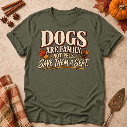 Dogs Are Family dog mom T-shirt in Military Green, laid flat. [bb c=military-green r=flat]