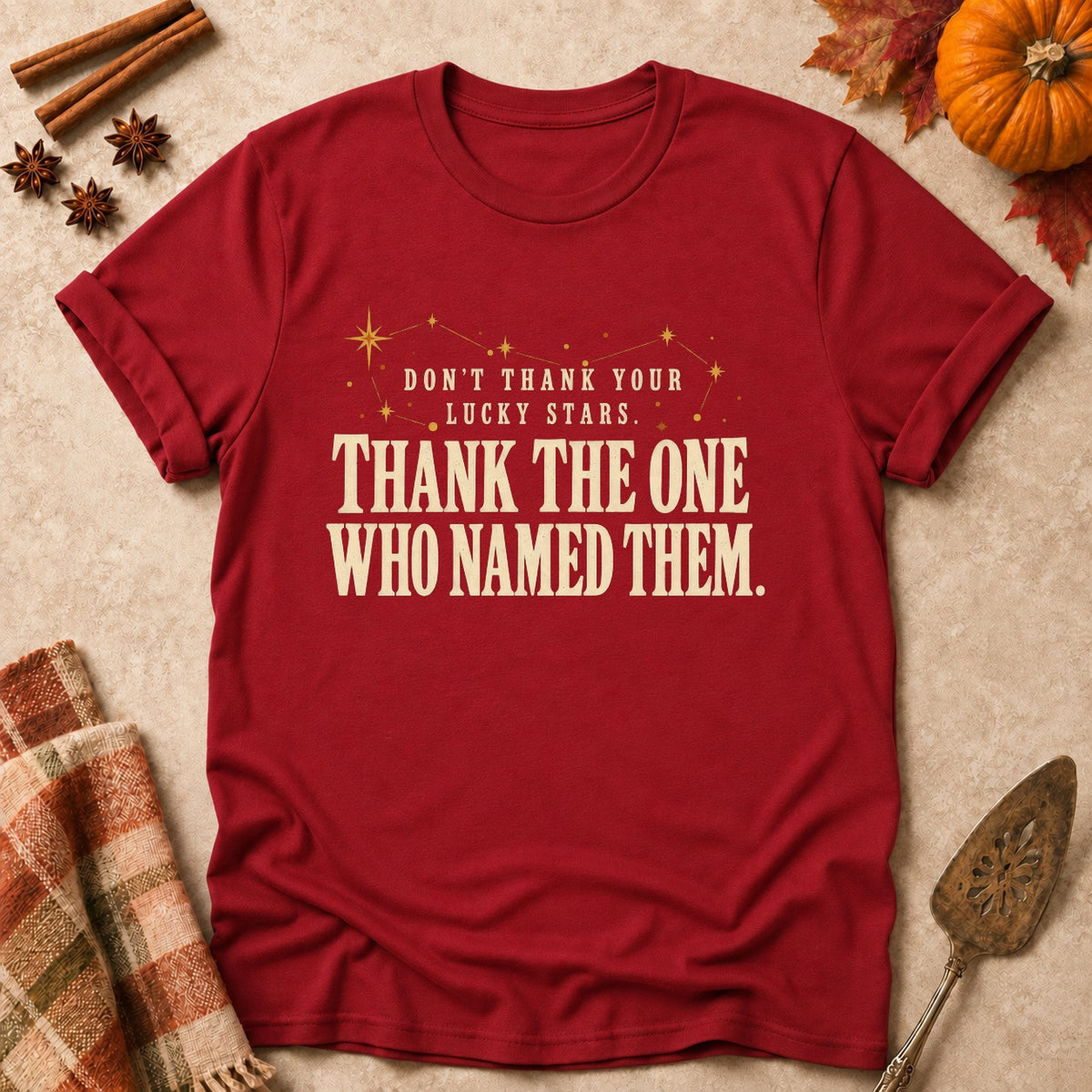 Thank The One Who Named Them faith T-shirt in Cardinal Red, laid flat. [bb c=cardinal-red r=flat]