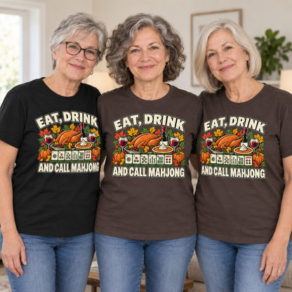 Eat, Drink And Call Mahjong T-shirt worn by three friends. Friends are wearing M, L and XL. [bb c=all r=friends]