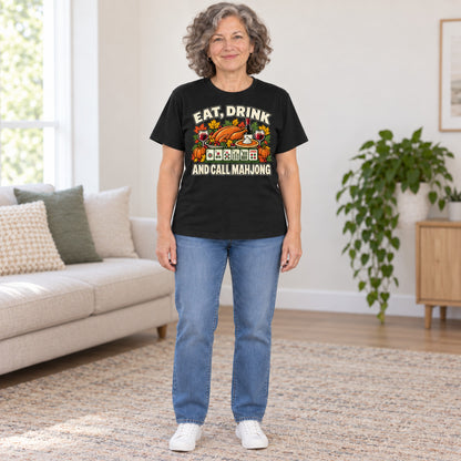 Eat, Drink And Call Mahjong T-shirt in Black, full length, worn by Linda. Linda is 5′5″ and wears her usual size L. [bb c=black r=fit]