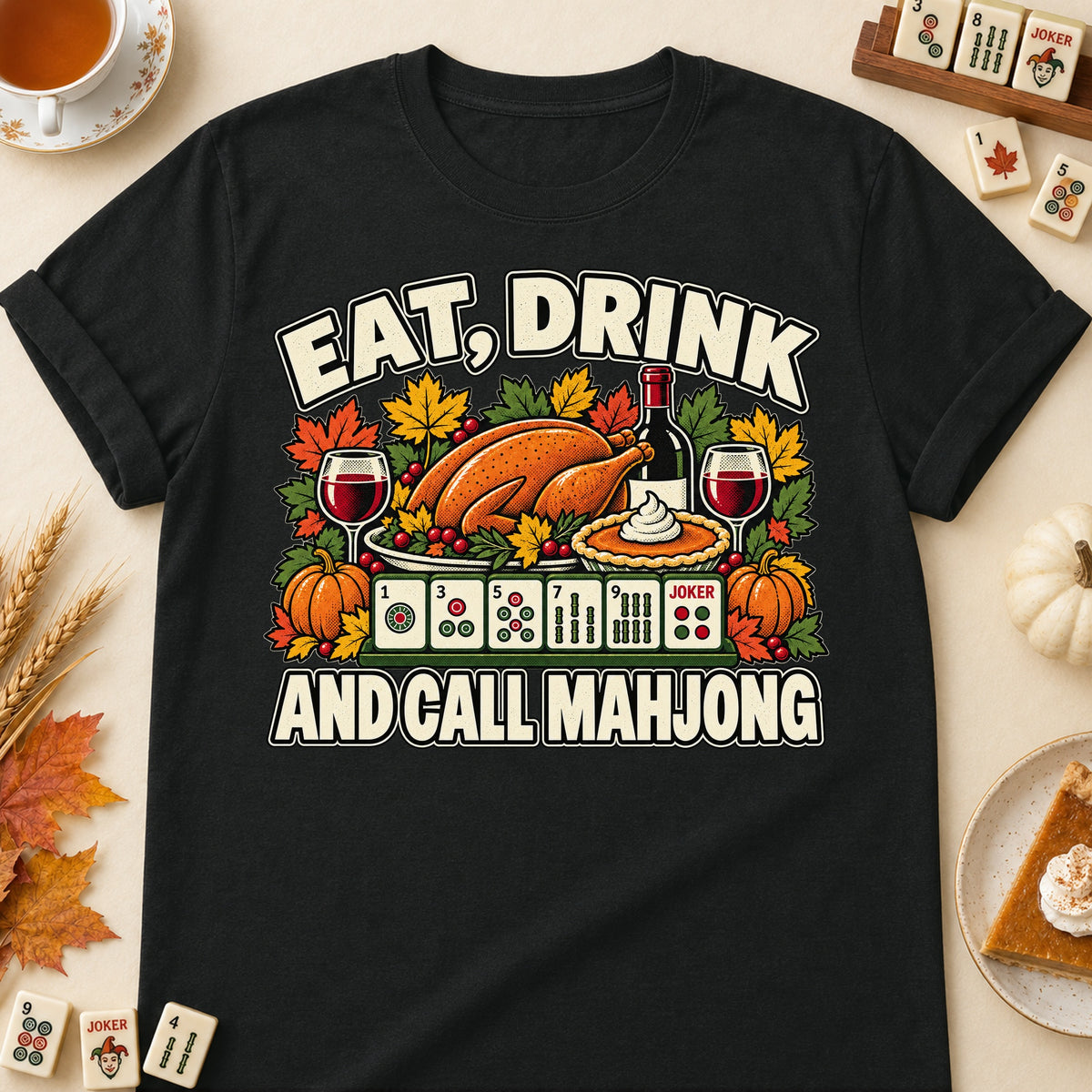Eat, Drink And Call Mahjong T-shirt in Black, laid flat. [bb c=black r=flat]