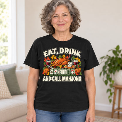 Eat, Drink And Call Mahjong T-shirt in Black, worn by Linda. Linda is 5′5″ and wears her usual size L. [bb c=black r=hero]