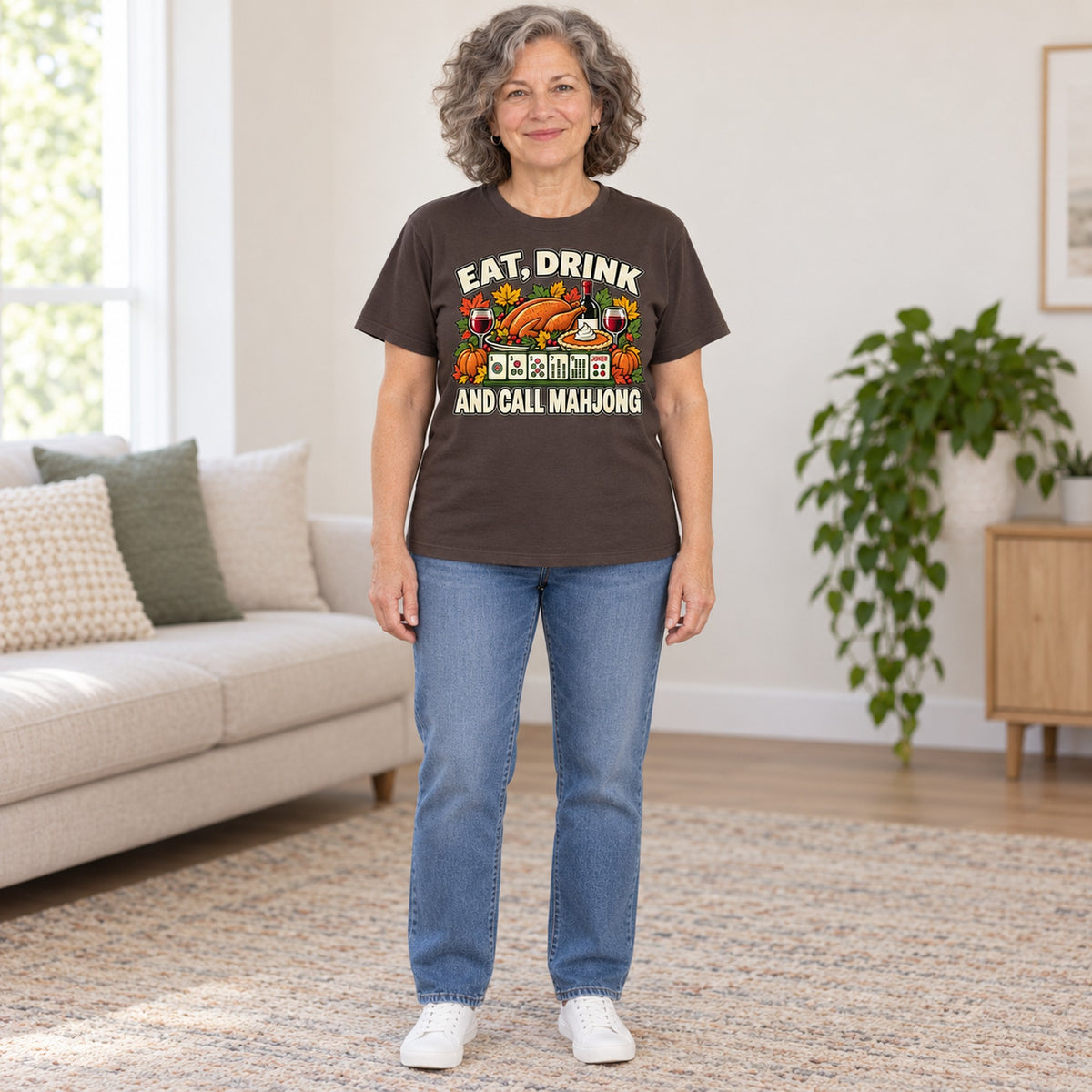Eat, Drink And Call Mahjong T-shirt in Dark Chocolate, full length, worn by Linda. Linda is 5′5″ and wears her usual size L. [bb c=dark-chocolate r=fit]