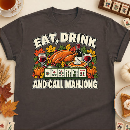 Eat, Drink And Call Mahjong T-shirt in Dark Chocolate, laid flat. [bb c=dark-chocolate r=flat]