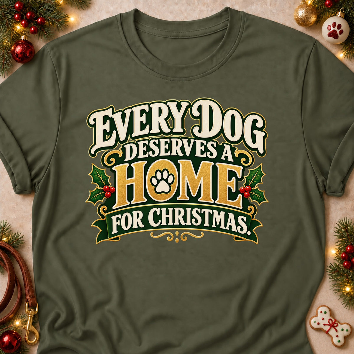 Every Dog Deserves A Home dog mom T-shirt in Military Green, laid flat. [bb c=military-green r=flat]