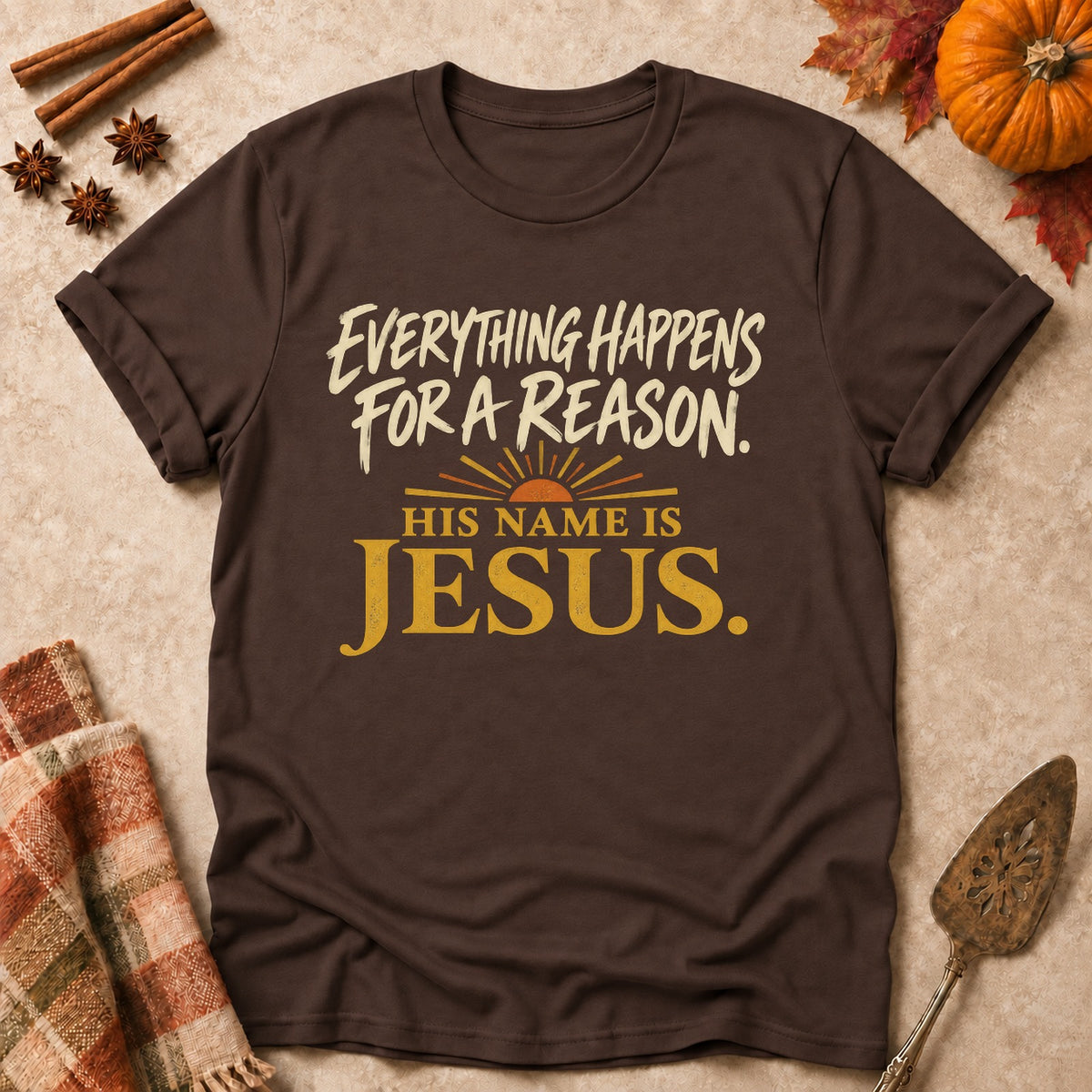 His Name Is Jesus faith T-shirt in Dark Chocolate, laid flat. [bb c=dark-chocolate r=flat]